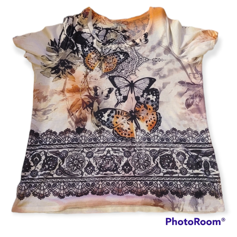 Special Tees-Avenue-Womens Butterflies & Rhinestones Shirt 14/16 Brown & Black. - Picture 2 of 2